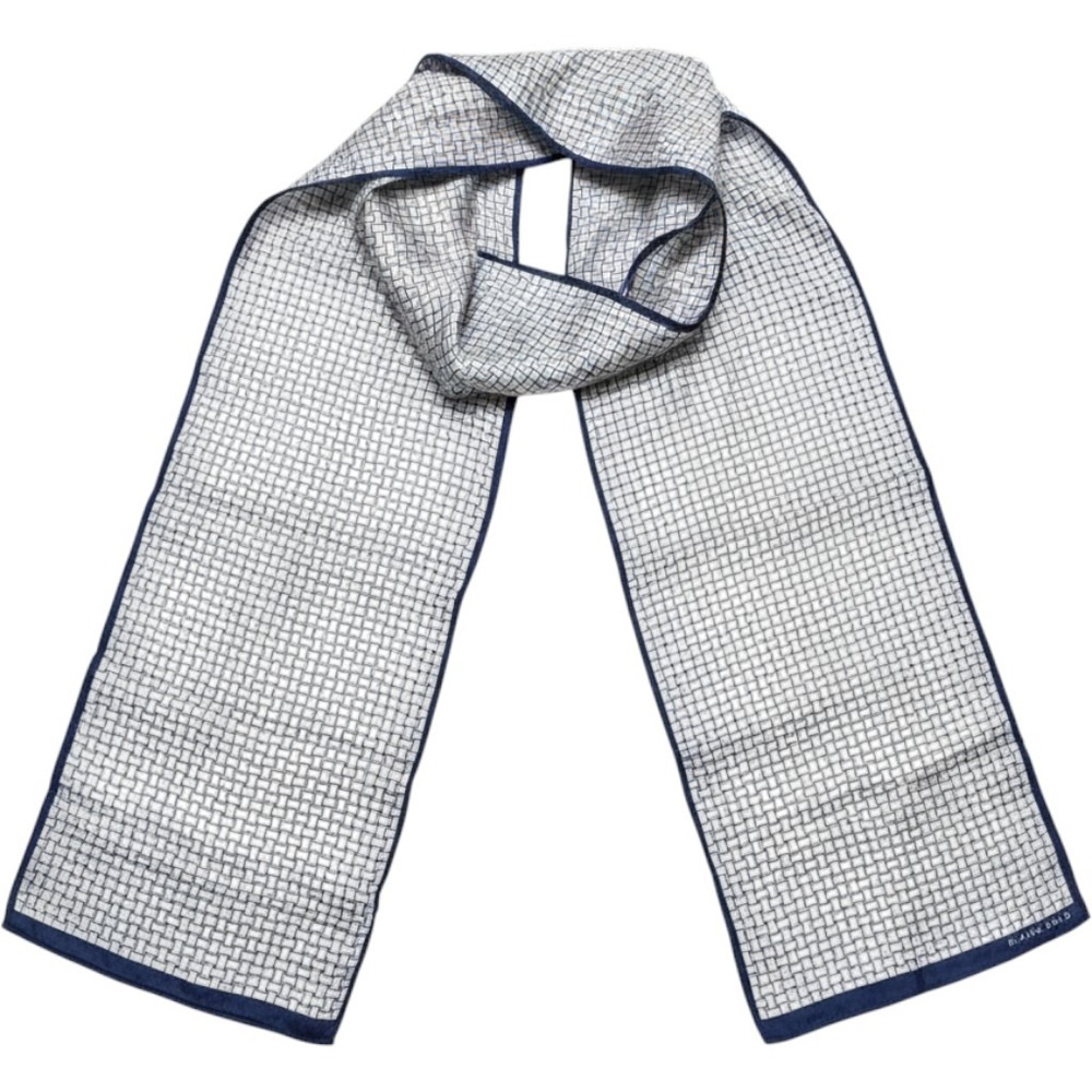 Elaine Gold Silk Scarf Navy Blue White Geometric Basketweave Rectangular Long
